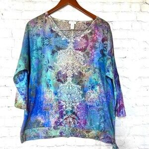 CHICO'S Colorful Print 3/4 Sleeve Knit Top Sz 2 Ties On Bottom BLING Rhinestone